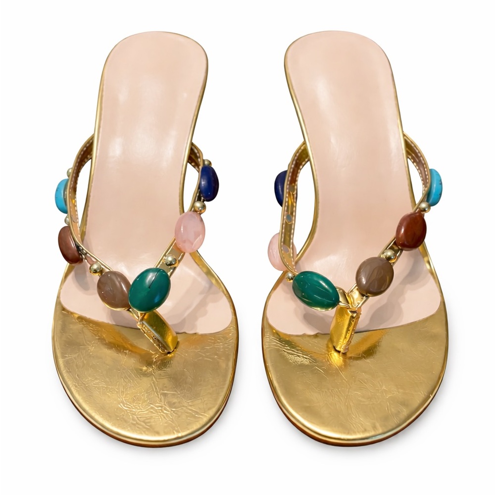 Gold Beaded Thong Heels Sandals | Size 9.5 | Statement Dress Shoes